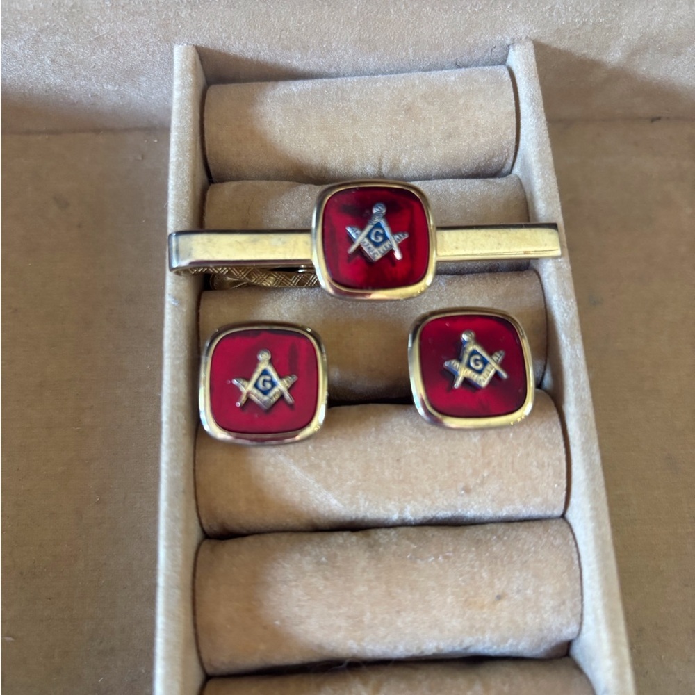Vintage Gold and Red Masonic Cufflinks and Tie Clip Set